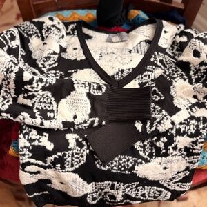 Jason Wu Black and White Floral Print Wool Puff Sleeve Sweater--XS